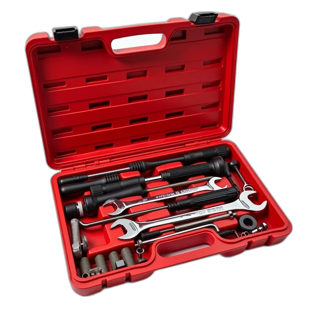 staff, weapon, red, toolbox, open, displaying, assortment, tools transparent PNG cut-out
