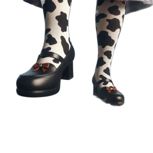 shoes, dress, 3d render, concept art, photorealistic, giant, legs, cow-patterned transparent PNG cut-out