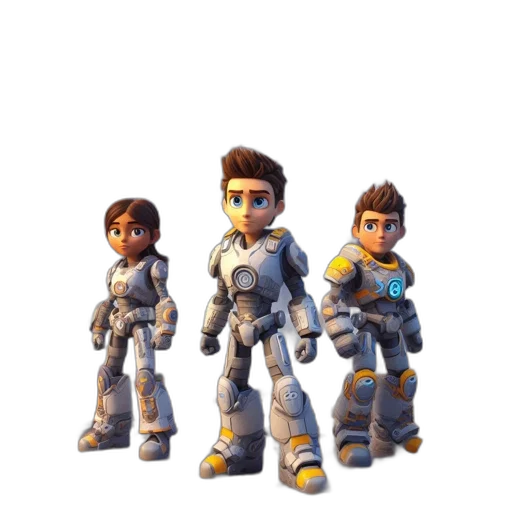 robot, 3d render, concept art, pixel art, cartoon, outer space, blue, three transparent PNG cut-out