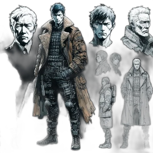 jacket, concept art, comic book art, cyberpunk, fantasy art, monochrome, dark, earth tones transparent PNG cut-out