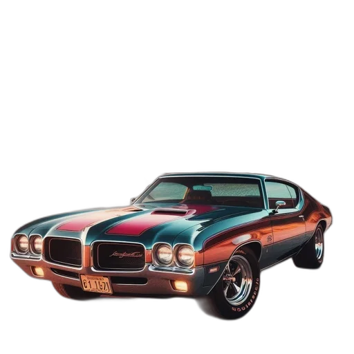 car, photorealistic, 3d render, vintage, blue-red, muscle, parked, sandy transparent PNG cut-out