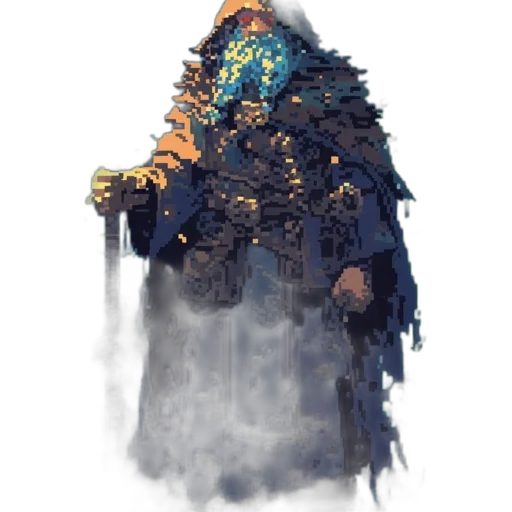 mask, staff, creature, jacket, concept art, fantasy art, pixel art, comic book art transparent PNG cut-out