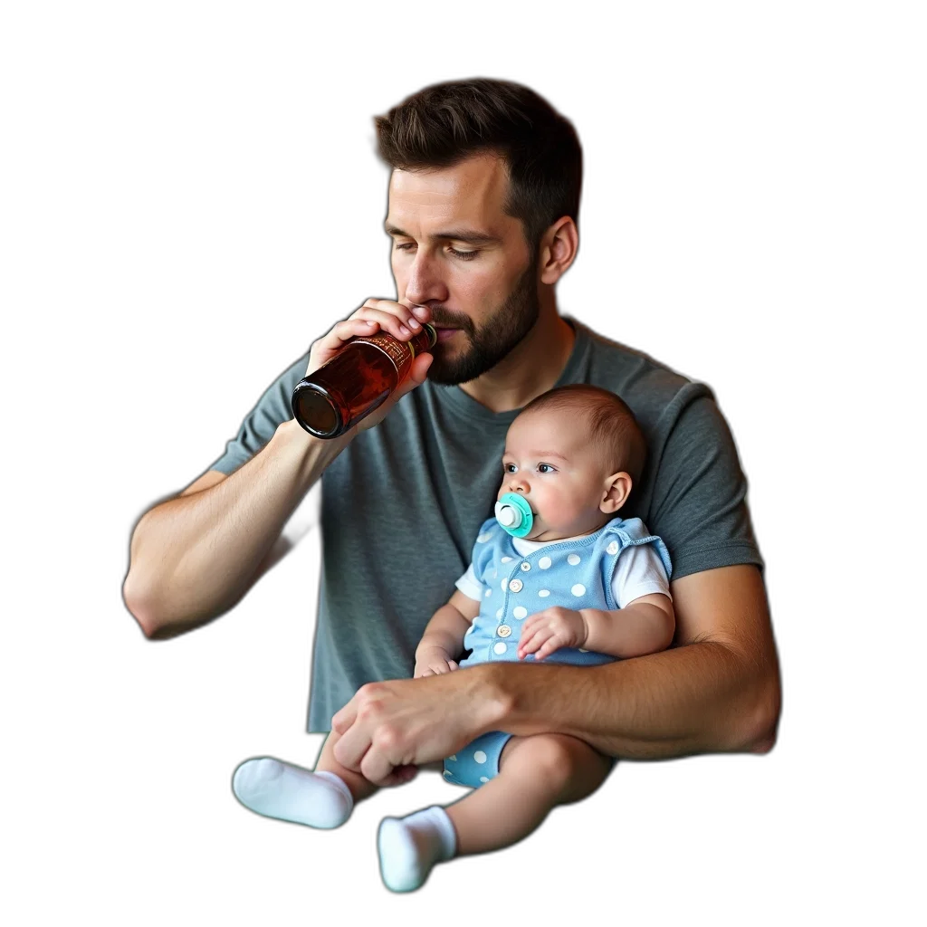 bottle, photorealistic, man, sitting, table, restaurant, holding, baby transparent PNG cut-out