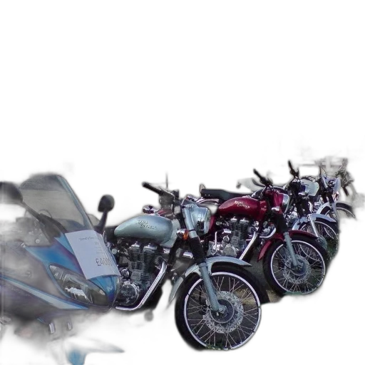 photorealistic, 3d render, concept art, motorcycles, parked, outside, garage, sign transparent PNG cut-out