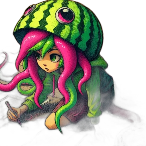 hat, creature, concept art, fantasy art, watercolor, pixel art, green, neon transparent PNG cut-out