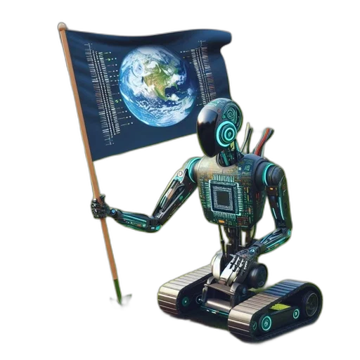 robot, staff, concept art, 3d render, cyberpunk, fantasy art, outer space, detailed transparent PNG cut-out
