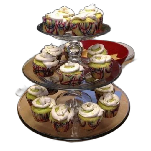 food, 3d render, concept art, three-tiered, glass, stand, holds, cupcakes transparent PNG cut-out