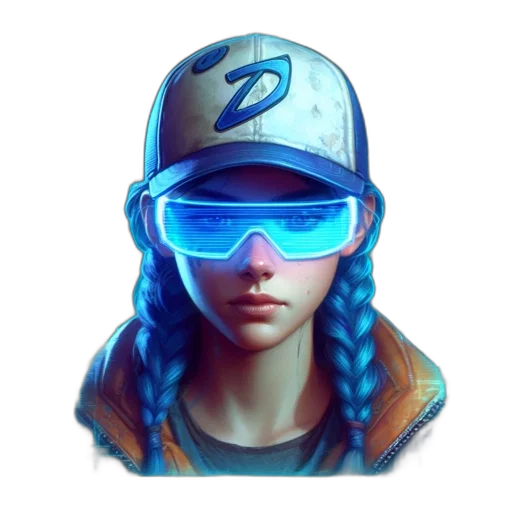 face, hat, cyberpunk, concept art, vaporwave, fantasy art, neon lights, blue transparent PNG cut-out