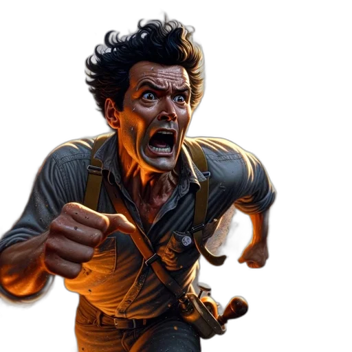 concept art, comic book art, 3d render, photorealistic, panicked, man, escapes, catastrophic transparent PNG cut-out