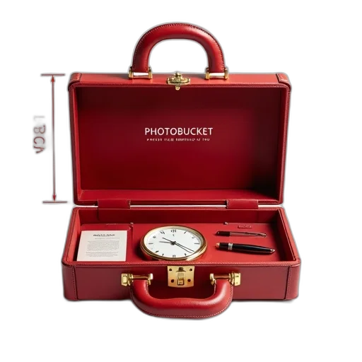red, leather, briefcase, gold, lock, handle, displayed, white transparent PNG cut-out