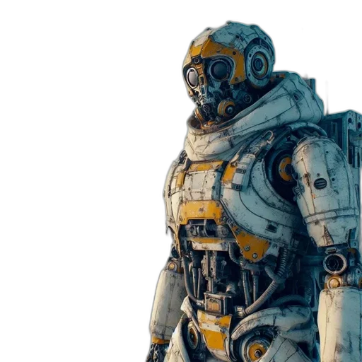 robot, weapon, jacket, concept art, 3d render, cyberpunk, pixel art, outer space transparent PNG cut-out