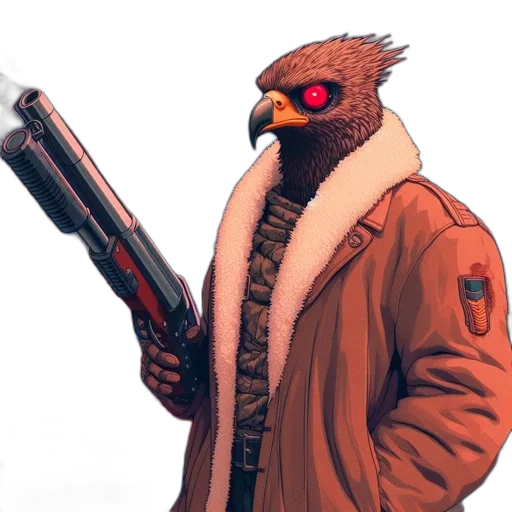 jacket, weapon, staff, animal, comic book art, concept art, cyberpunk, pixel art transparent PNG cut-out
