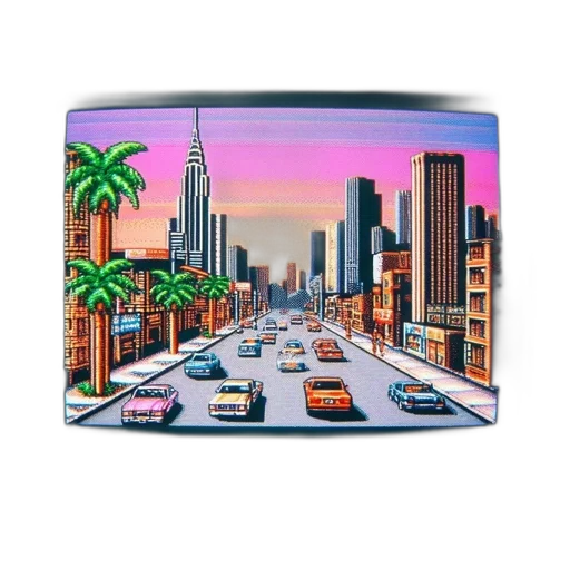 car, photorealistic, vaporwave, oil painting, concept art, sunset, city street, neon lights transparent PNG cut-out