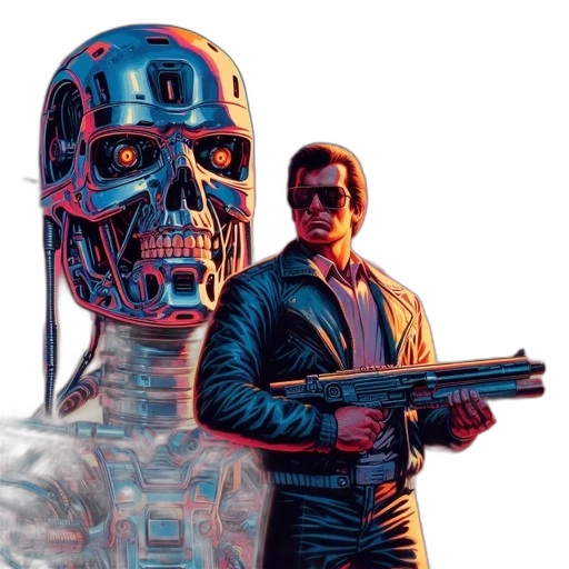 robot, jacket, weapon, comic book art, concept art, cyberpunk, vaporwave, artwork transparent PNG cut-out