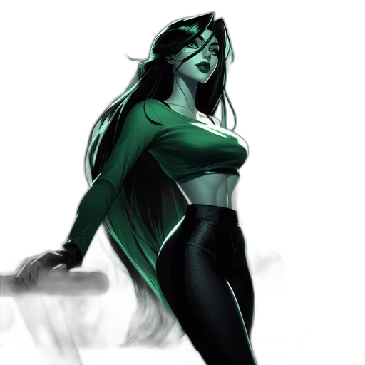 comic book art, concept art, fantasy art, watercolor, green, dark, animated, woman transparent PNG cut-out