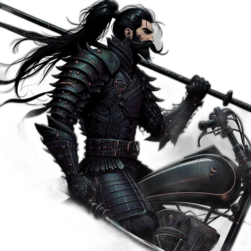 weapon, concept art, fantasy art, comic book art, cyberpunk, dark, bearded, man transparent PNG cut-out