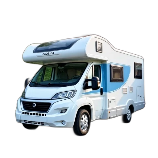 3d render, small, white, motorhome, blue, stripe, parked, driveway transparent PNG cut-out