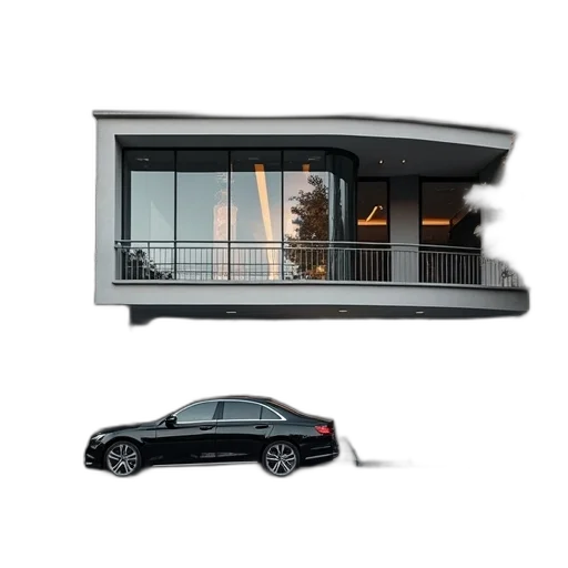 car, building, 3d render, concept art, photorealistic, modern, curved, facade transparent PNG cut-out