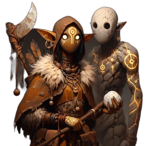 mask, face, staff, creature, concept art, fantasy art, comic book art, earth tones transparent PNG cut-out