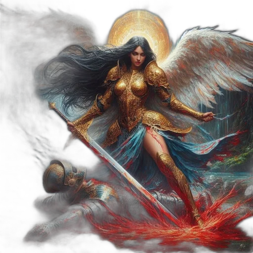fantasy art, concept art, comic book art, photorealistic, golden, imposing, female, warrior transparent PNG cut-out