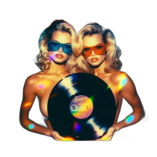 vaporwave, pixel art, 3d render, cartoon, two, identical, women, hold transparent PNG cut-out