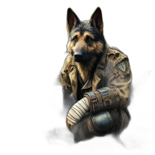 staff, weapon, animal, jacket, concept art, fantasy art, watercolor, photorealistic transparent PNG cut-out