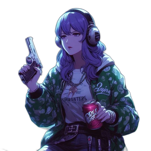 jacket, weapon, staff, robot, cyberpunk, vaporwave, concept art, anime transparent PNG cut-out