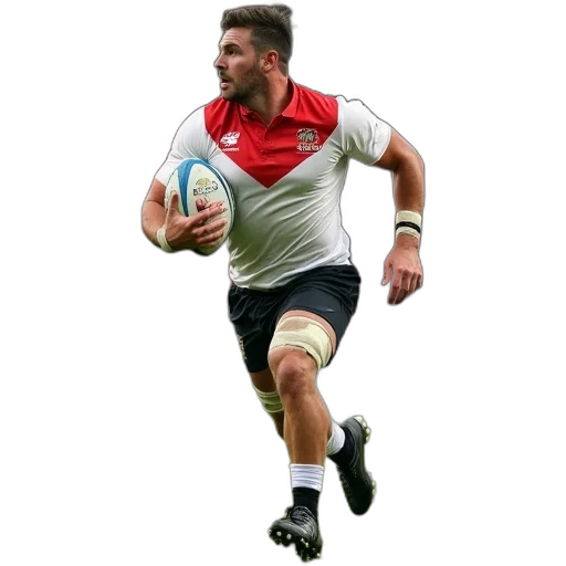 rugby, player, white, red, jersey, number, running, ball transparent PNG cut-out