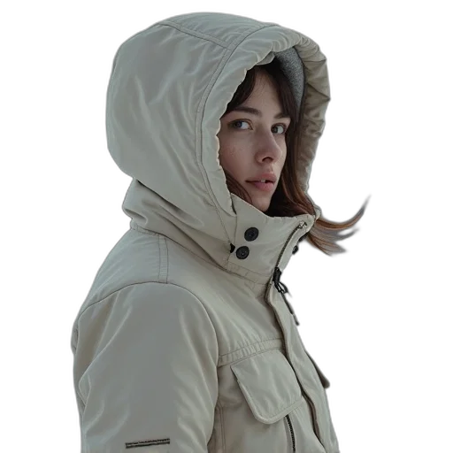 jacket, face, photorealistic, 3d render, concept art, cyberpunk, snow, woman transparent PNG cut-out
