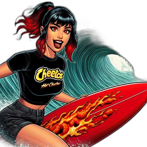 comic book art, concept art, cartoon, woman, surfs, red, flaming, board transparent PNG cut-out