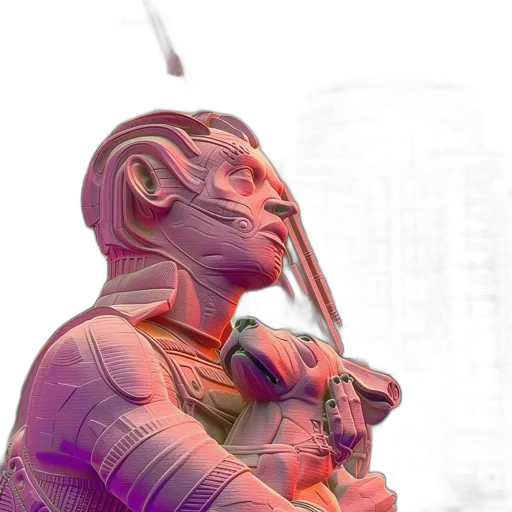 sword, robot, staff, mask, 3d render, vaporwave, cyberpunk, concept art transparent PNG cut-out