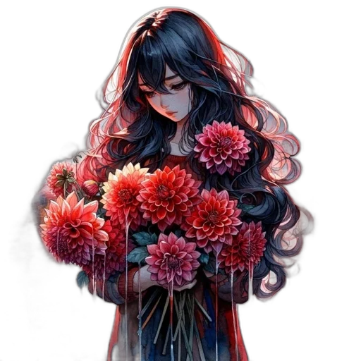 flower, dress, fantasy art, pixel art, anime, concept art, red, dark transparent PNG cut-out