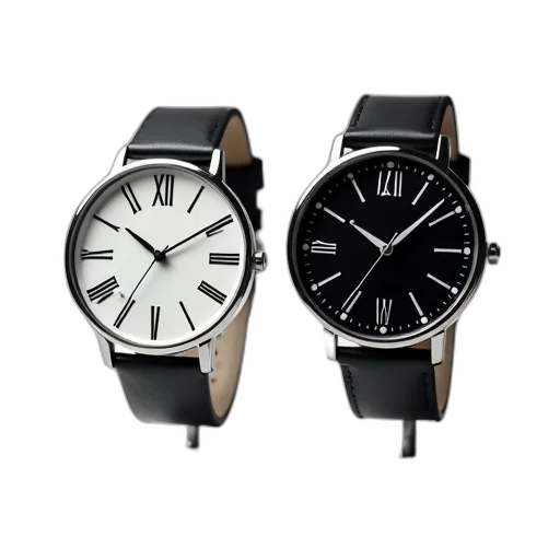 monochrome, two, watches, displayed, white, stand, watch, left transparent PNG cut-out