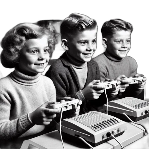 three, children, mid-20th, century, play, vintage, video, game transparent PNG cut-out