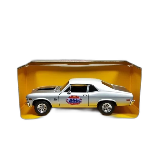 car, toy, displayed, box, yellow, background, labeled, 1969 transparent PNG cut-out