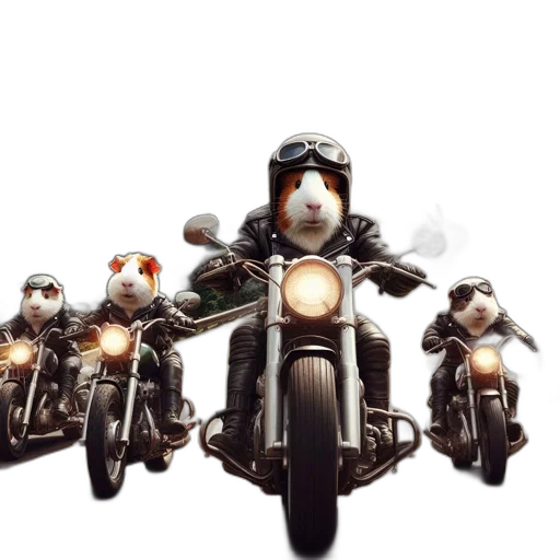 concept art, 3d render, photorealistic, comic book art, guinea, pigs, ride, motorcycles transparent PNG cut-out