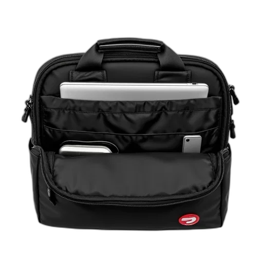 staff, jacket, black, laptop, bag, red, logo, front transparent PNG cut-out