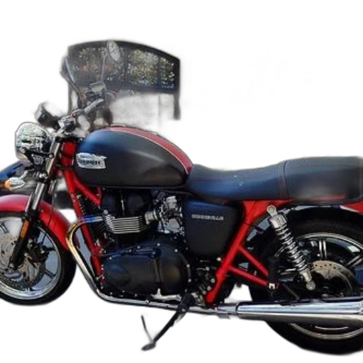 photorealistic, red, black, motorcycle, parked, front, paris, baguette transparent PNG cut-out