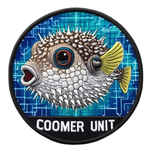 outer space, embroidered, patch, displays, illustrated, pufferfish, against, blue transparent PNG cut-out