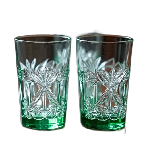 3d render, photorealistic, set, four, crystal, glasses, floral, design transparent PNG cut-out