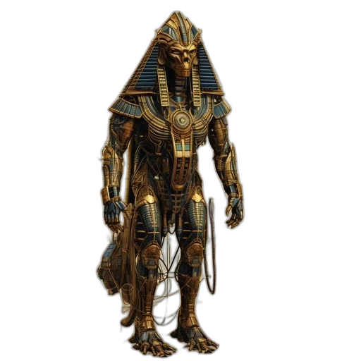 robot, mask, staff, creature, concept art, 3d render, fantasy art, golden transparent PNG cut-out
