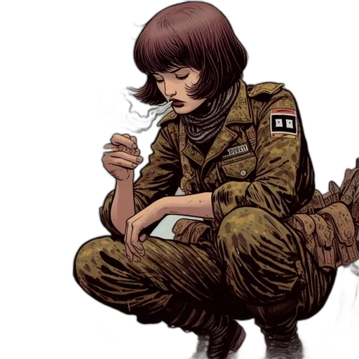 comic book art, concept art, pixel art, woman, military, uniform, holding, lit transparent PNG cut-out