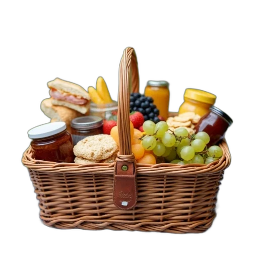 food, wicker, picnic, basket, filled, various, items, placed transparent PNG cut-out
