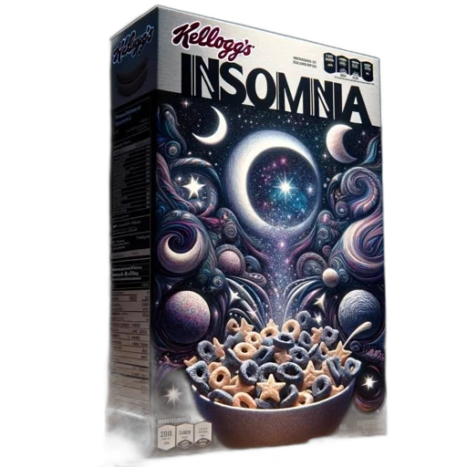 cereal, box, insomnia, kellogg, depicts, galactic, imagery, containing transparent PNG cut-out
