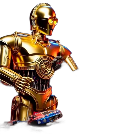 robot, 3d render, concept art, two, distinctive, robots, stand, amidst transparent PNG cut-out