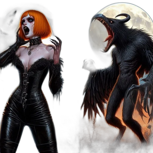 concept art, fantasy art, comic book art, dark, two, separate, scenes, woman transparent PNG cut-out