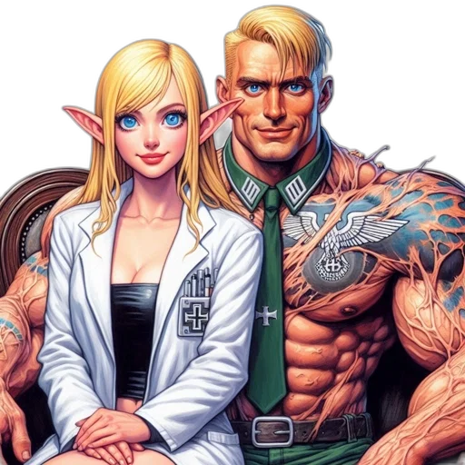 comic book art, concept art, fantasy art, blonde, woman, elf-like, features, badge transparent PNG cut-out