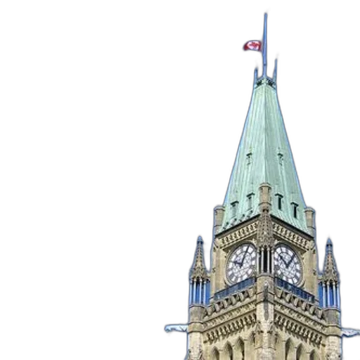 building, clock, tower, canadian, flag, flying, half-mast, against transparent PNG cut-out