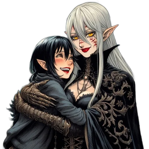 fantasy art, concept art, pixel art, comic book art, dark, two, female, figures transparent PNG cut-out