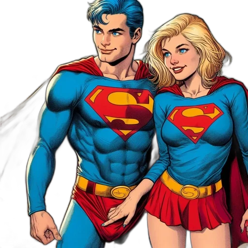 comic book art, concept art, cartoon, superman, supergirl, stand, together, beach transparent PNG cut-out